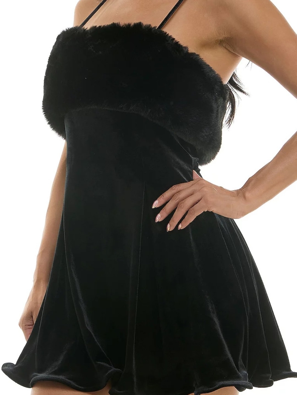 Black Velvet Faux-Fur Trim Mini Dress - Women